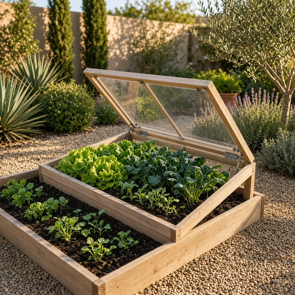 Cold frame with greens in a Riverside backyard garden